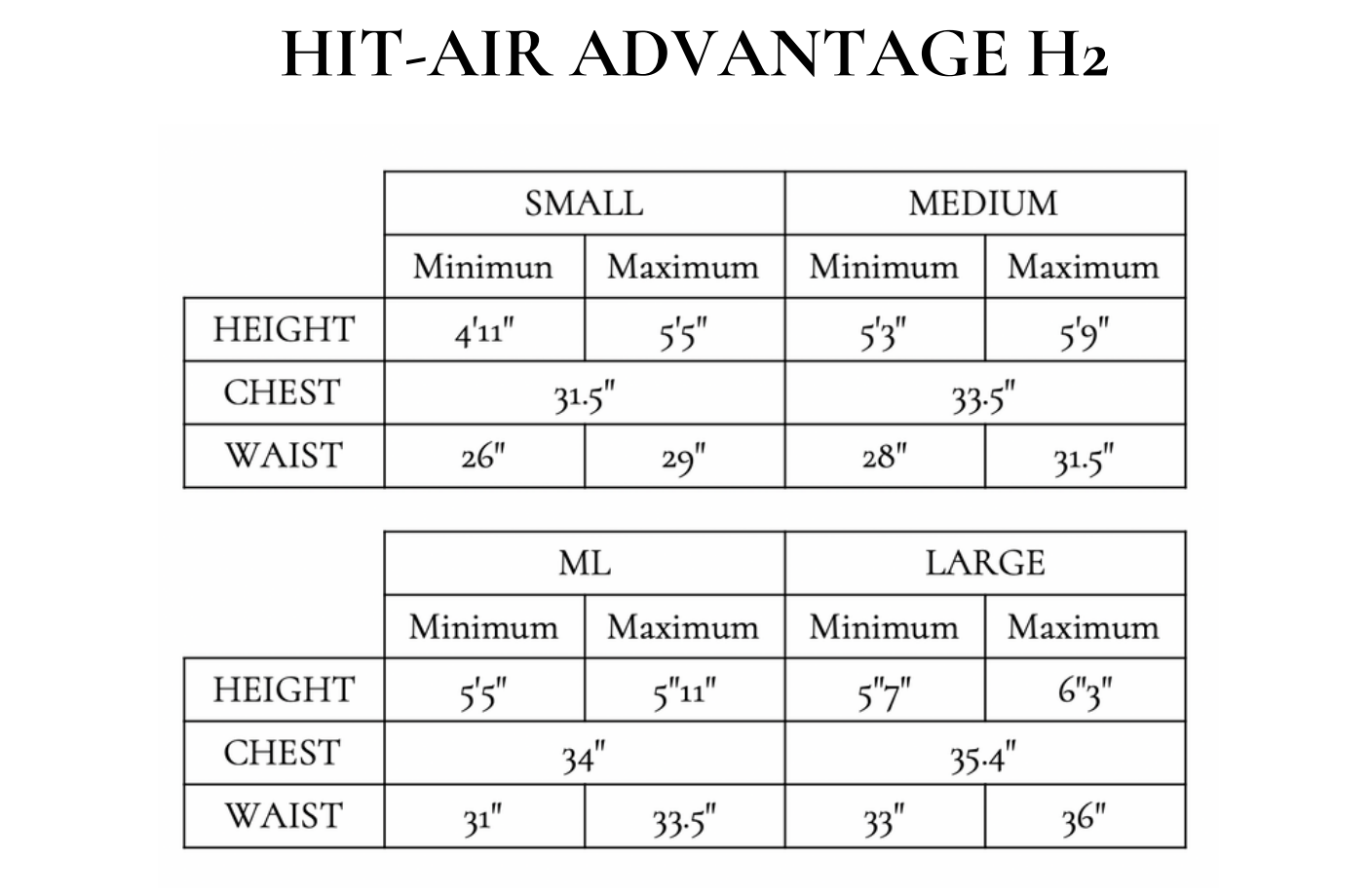 Hit air online vest size chart